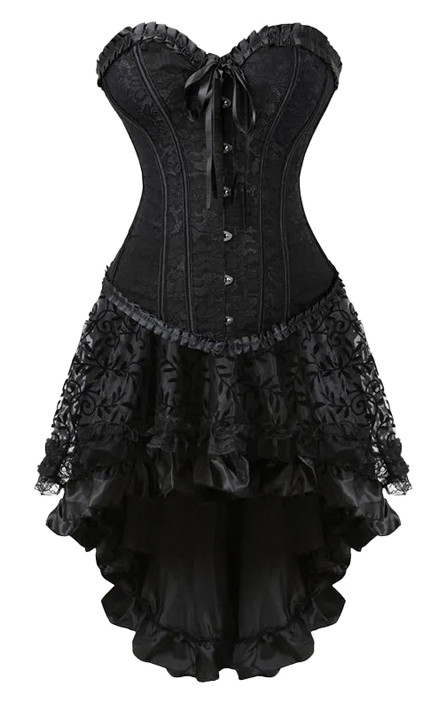 Elegant black plus size corset dress set with lace details and layered ruffle skirt