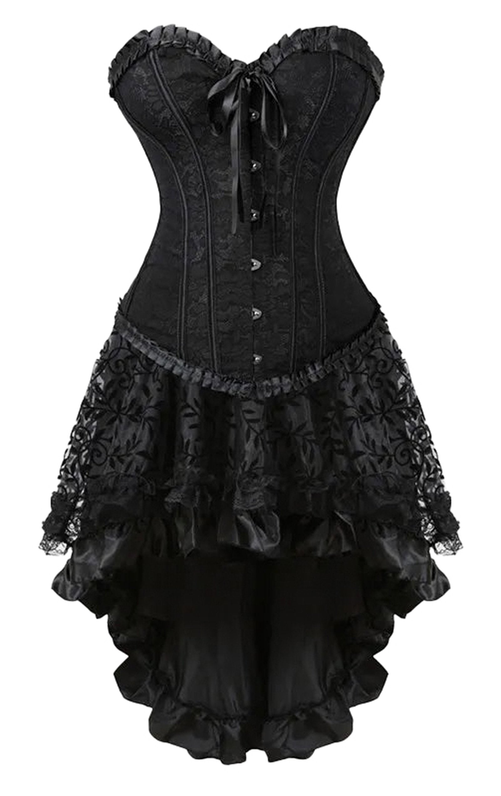 Elegant black plus size corset dress set with lace details and layered ruffle skirt