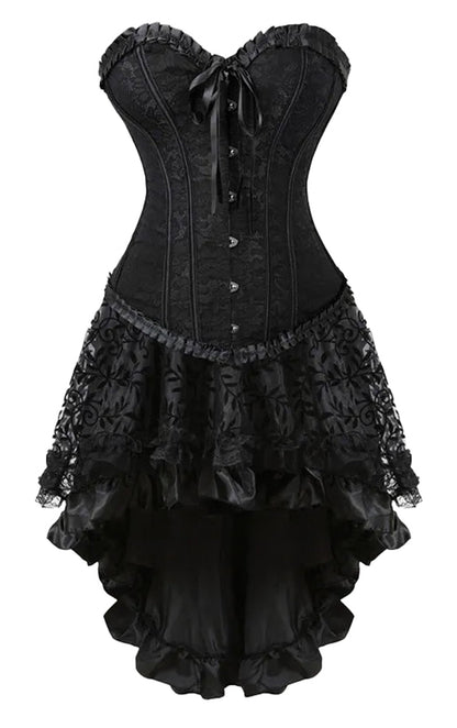 Elegant black plus size corset dress set with lace details and layered ruffle skirt