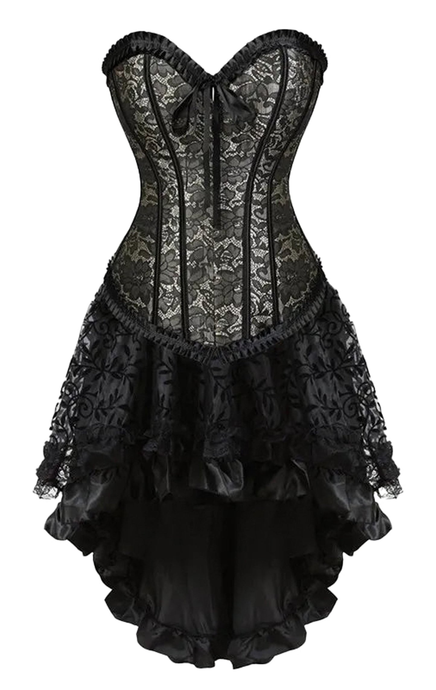 Elegant black plus size corset dress set with lace detailing and ruffled hem for special occasions