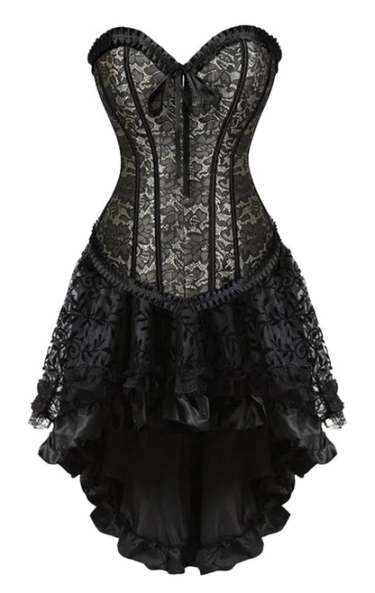 Elegant black plus size corset dress set with lace detailing and ruffled hem for special occasions