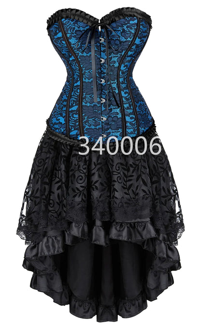 Elegant plus size corset dress set with blue lace bodice and black layered skirt for special occasions