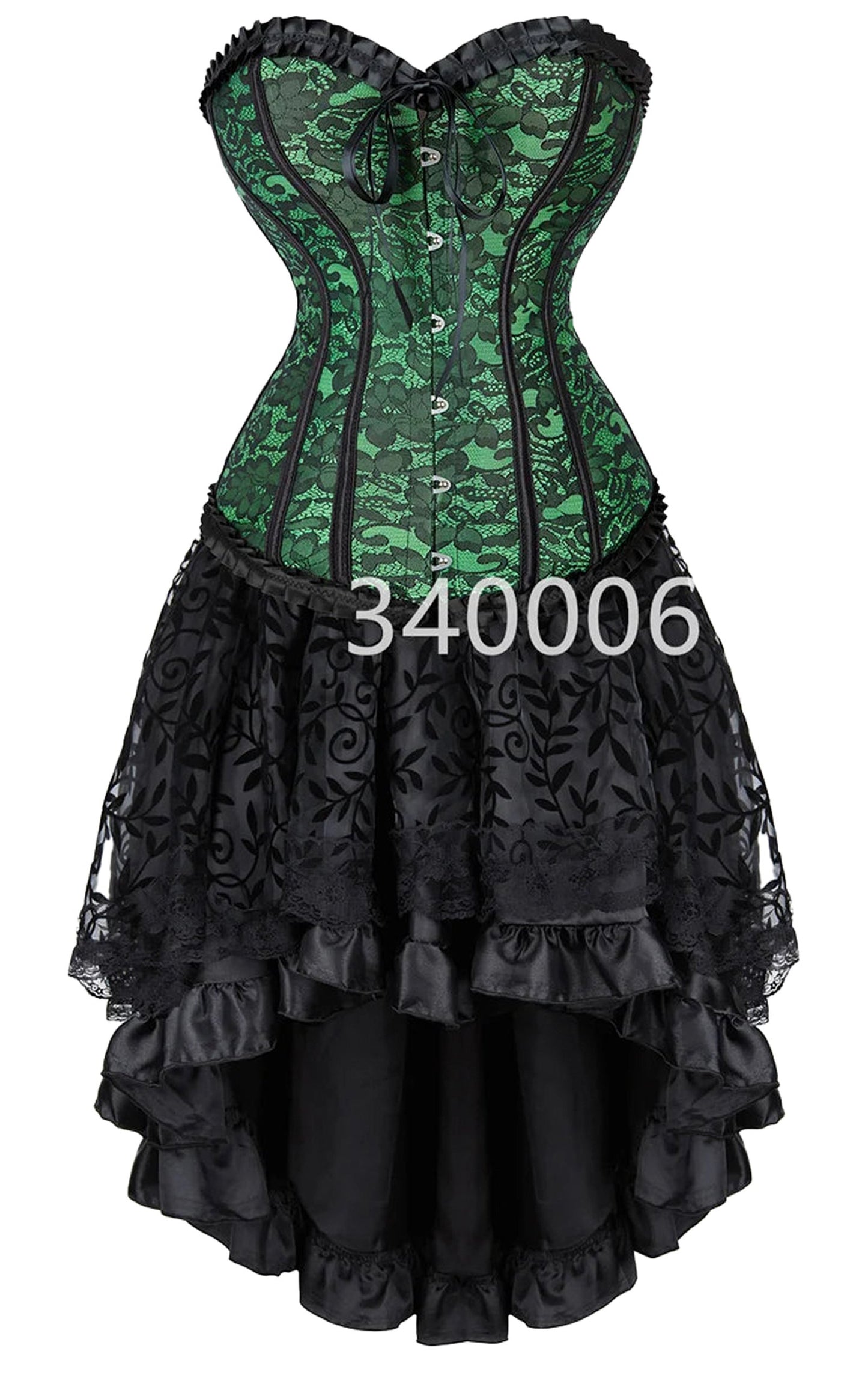Elegant plus size corset dress set featuring intricate lace and a high-low skirt design in green and black