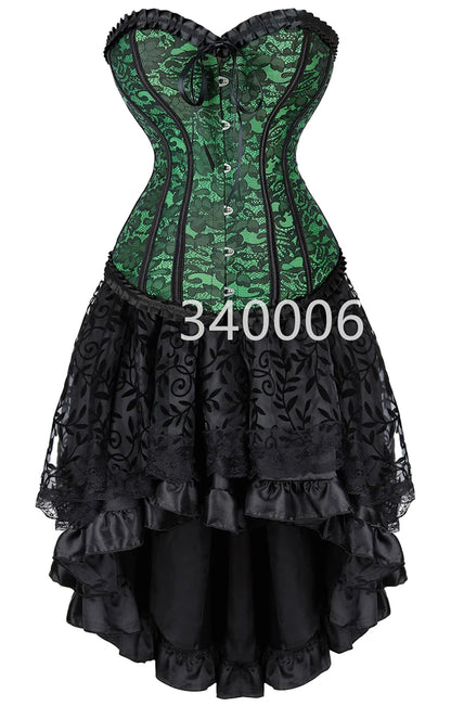Elegant plus size corset dress set featuring intricate lace and a high-low skirt design in green and black