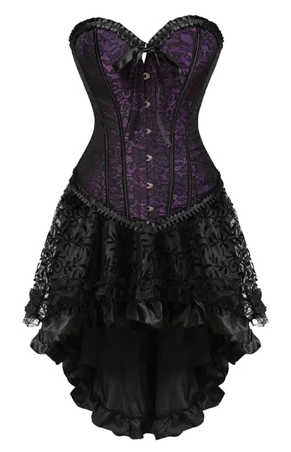 LuckyLadybug plus size corset dress set in purple and black with lace details and ruffled hem