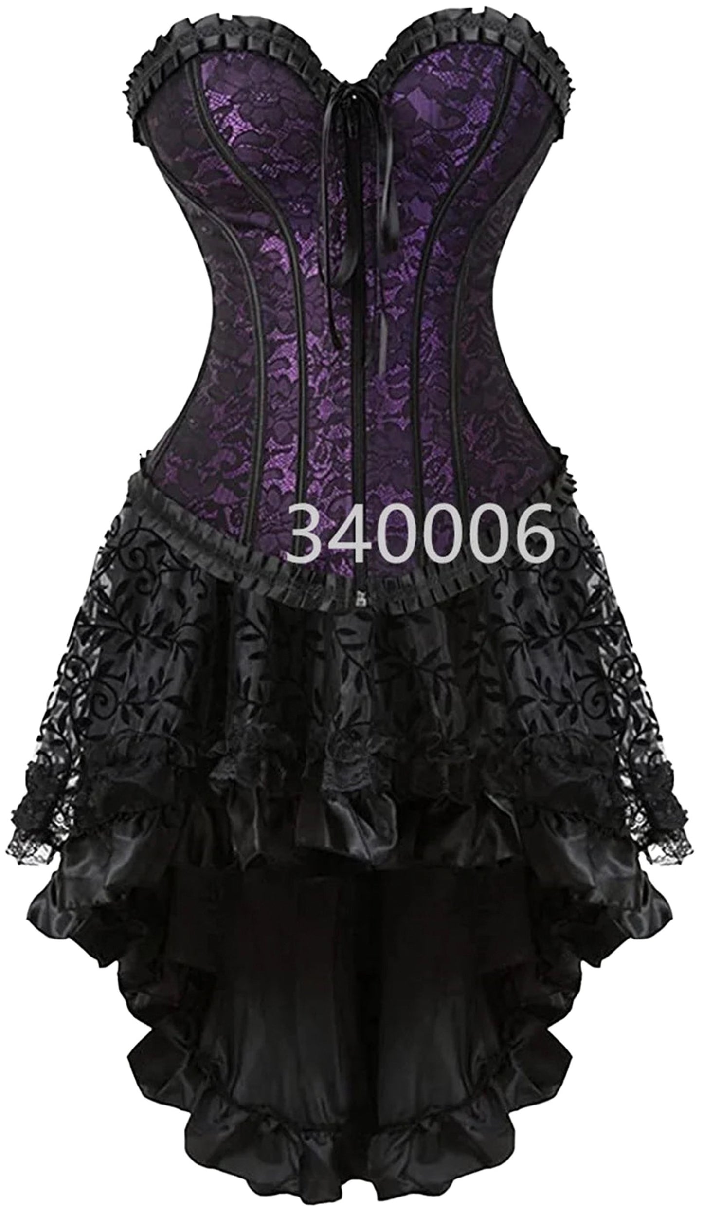 Elegant plus size corset dress set with purple lace bodice and black ruffled skirt