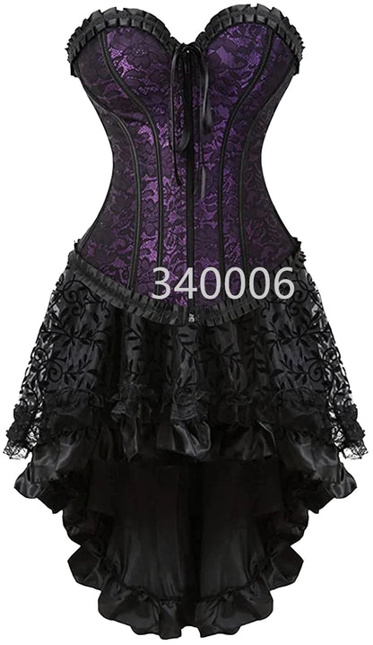 Elegant plus size corset dress set with purple lace bodice and black ruffled skirt