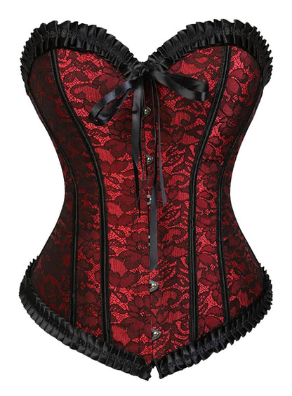 Elegant red plus size corset dress set featuring lace detailing and satin ribbon accents