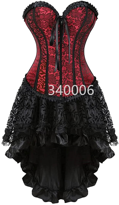 Elegant red and black plus size corset dress set with lace detailing and ruffled hem for a stylish look