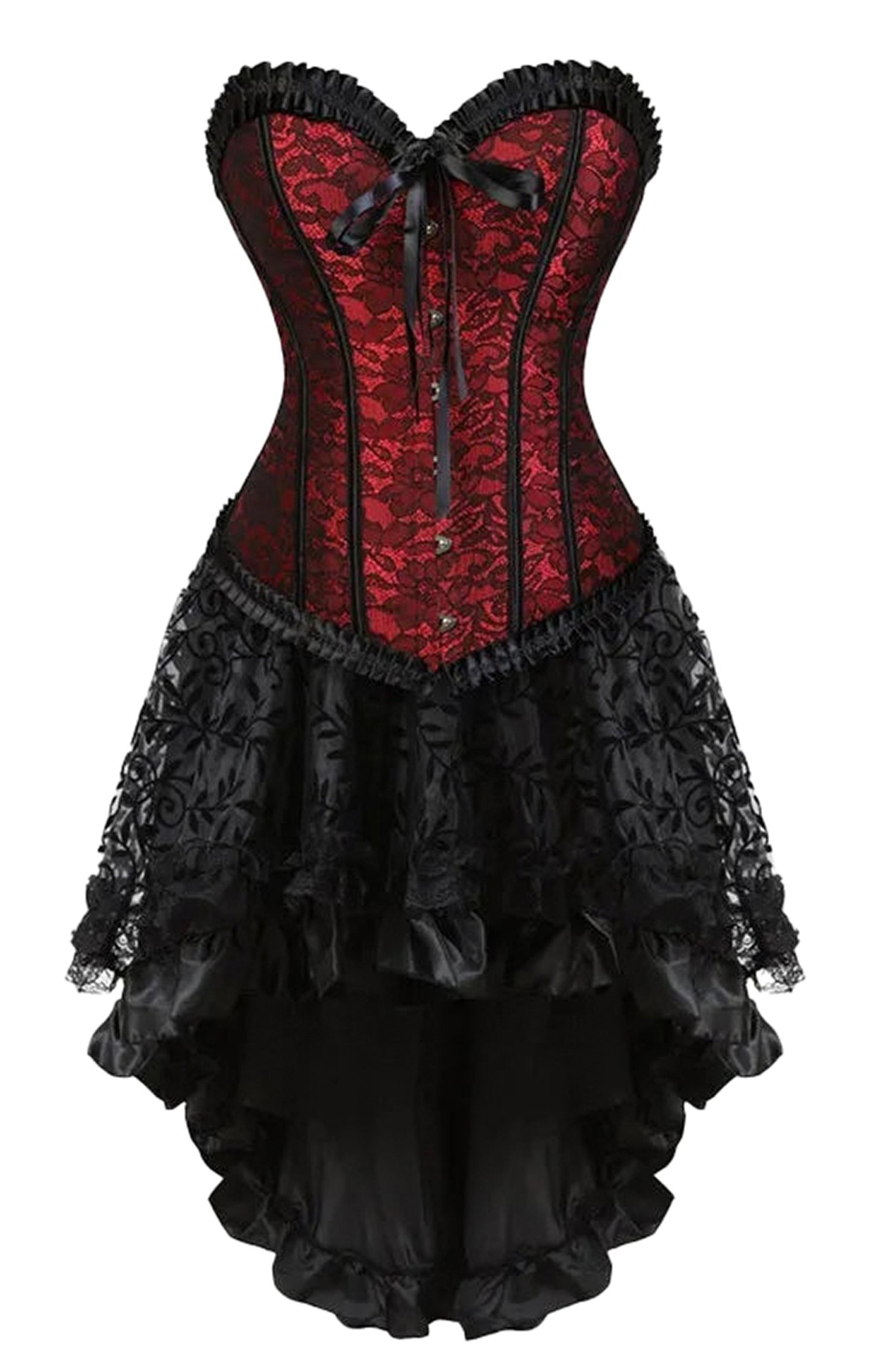 Elegant plus size corset dress set with red lace detailing and black ruffled skirt for a dramatic look