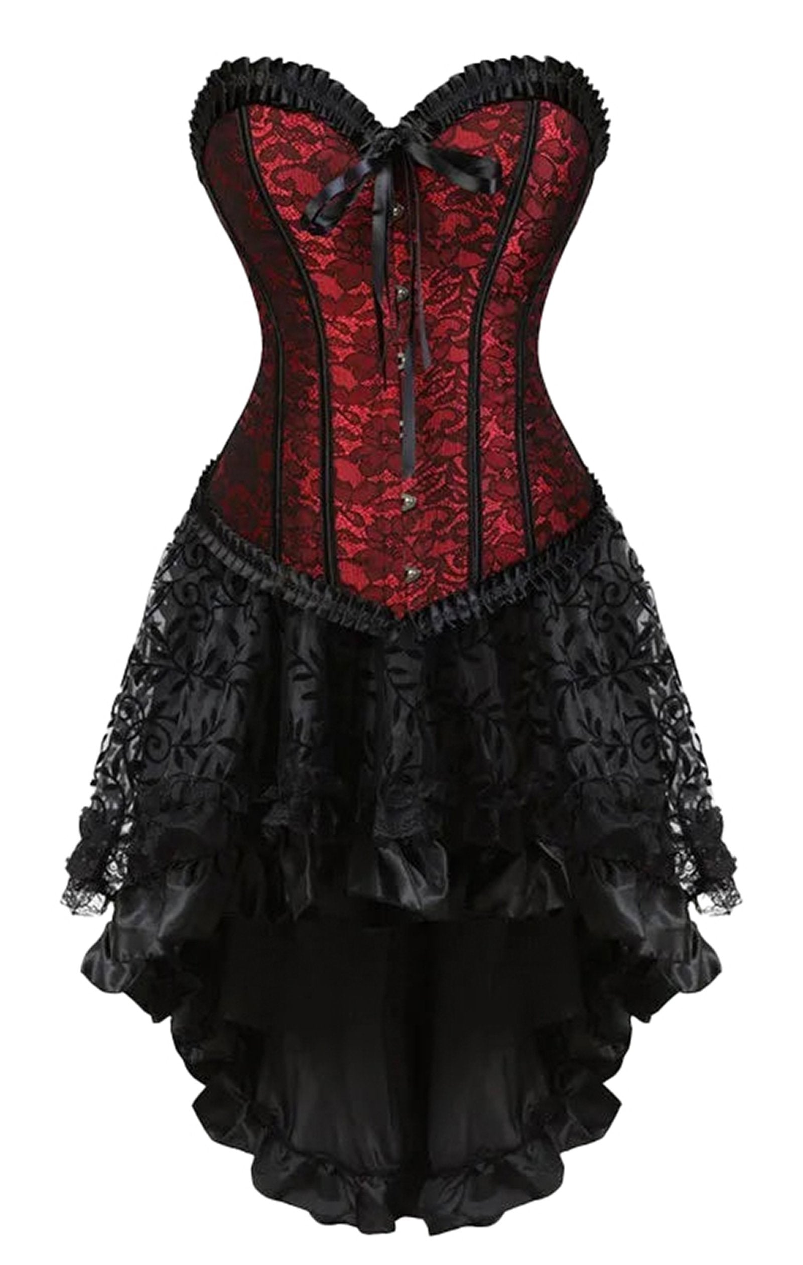 Elegant plus size corset dress set in red lace and black ruffles for formal occasions