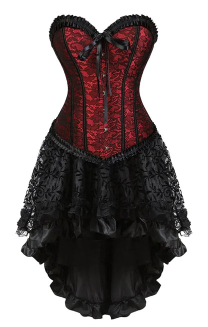 Elegant plus size corset dress set in red lace and black ruffles for formal occasions