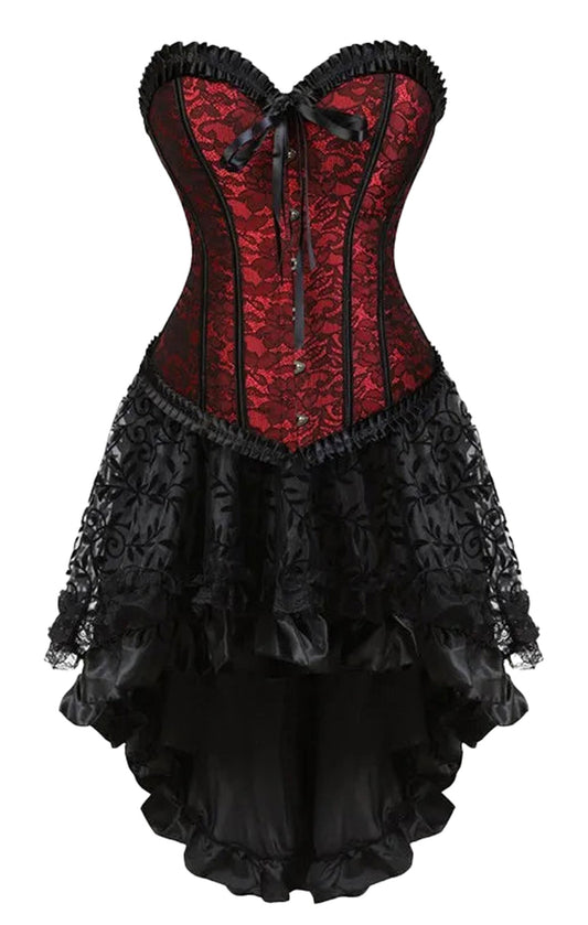 Elegant plus size corset dress set in red lace and black ruffles for formal occasions