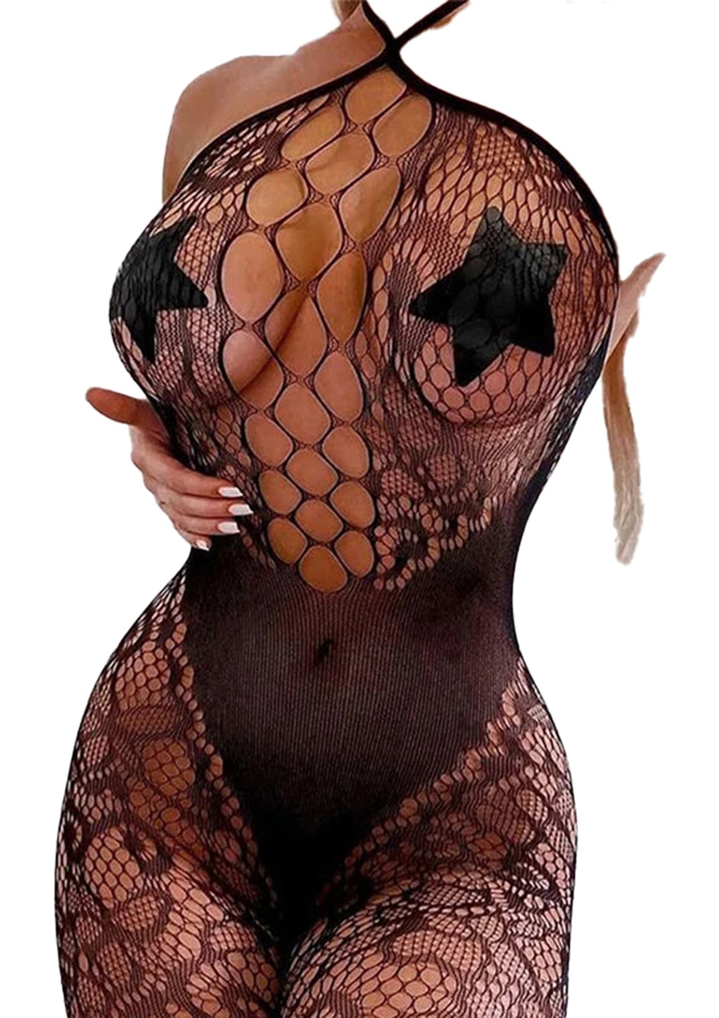 LuckeLadybug plus size crotchless lingerie set in black lace with star accents and fishnet design