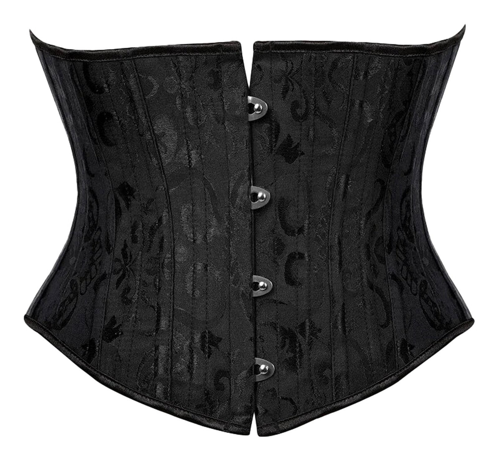 Plus size flower underbust corset by LuckeLadybug LLC with sleek black design and button closure