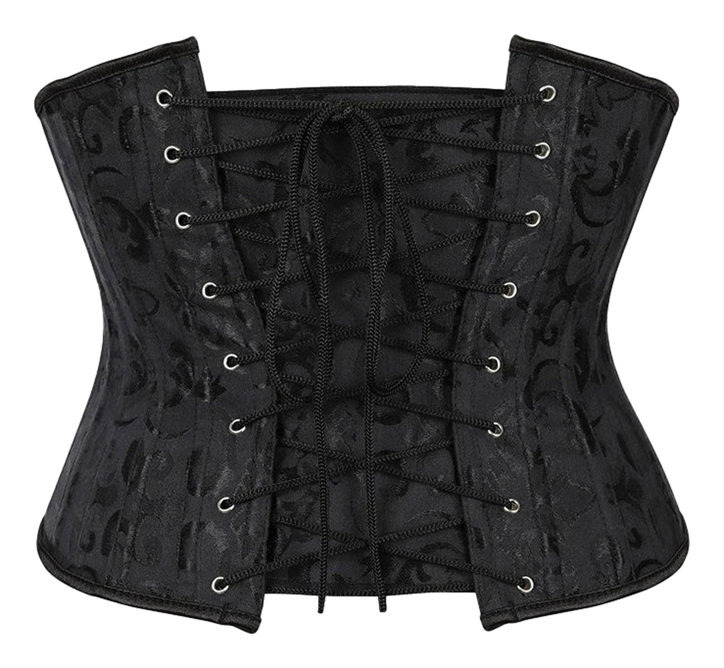 Plus size flower underbust corset in black with lace-up front and elegant design by LuckeLadybug LLC