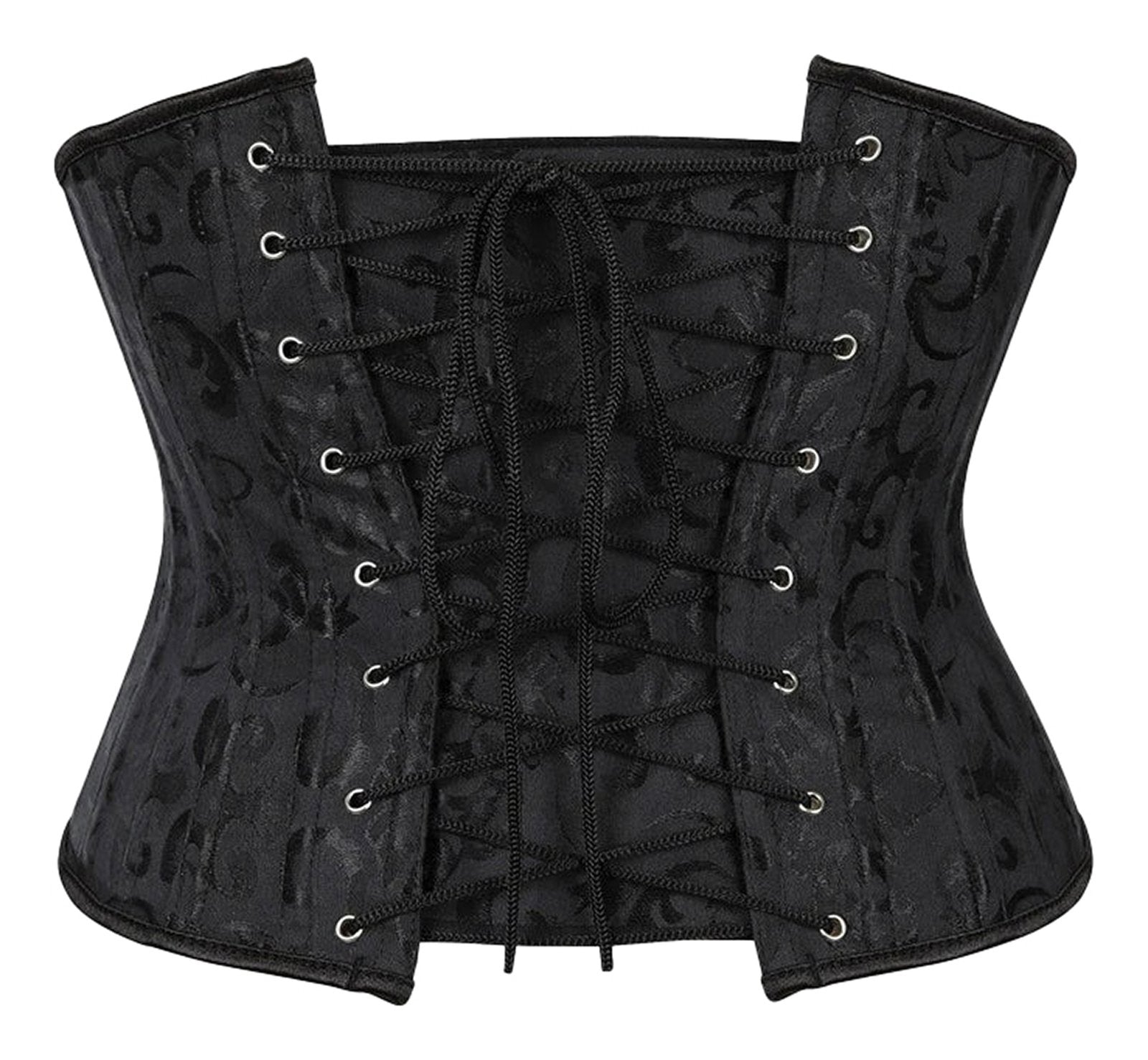 Plus size flower underbust corset in black with lace-up front and elegant design by LuckeLadybug LLC