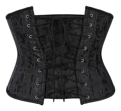 Plus size flower underbust corset in black with lace-up front and elegant design by LuckeLadybug LLC