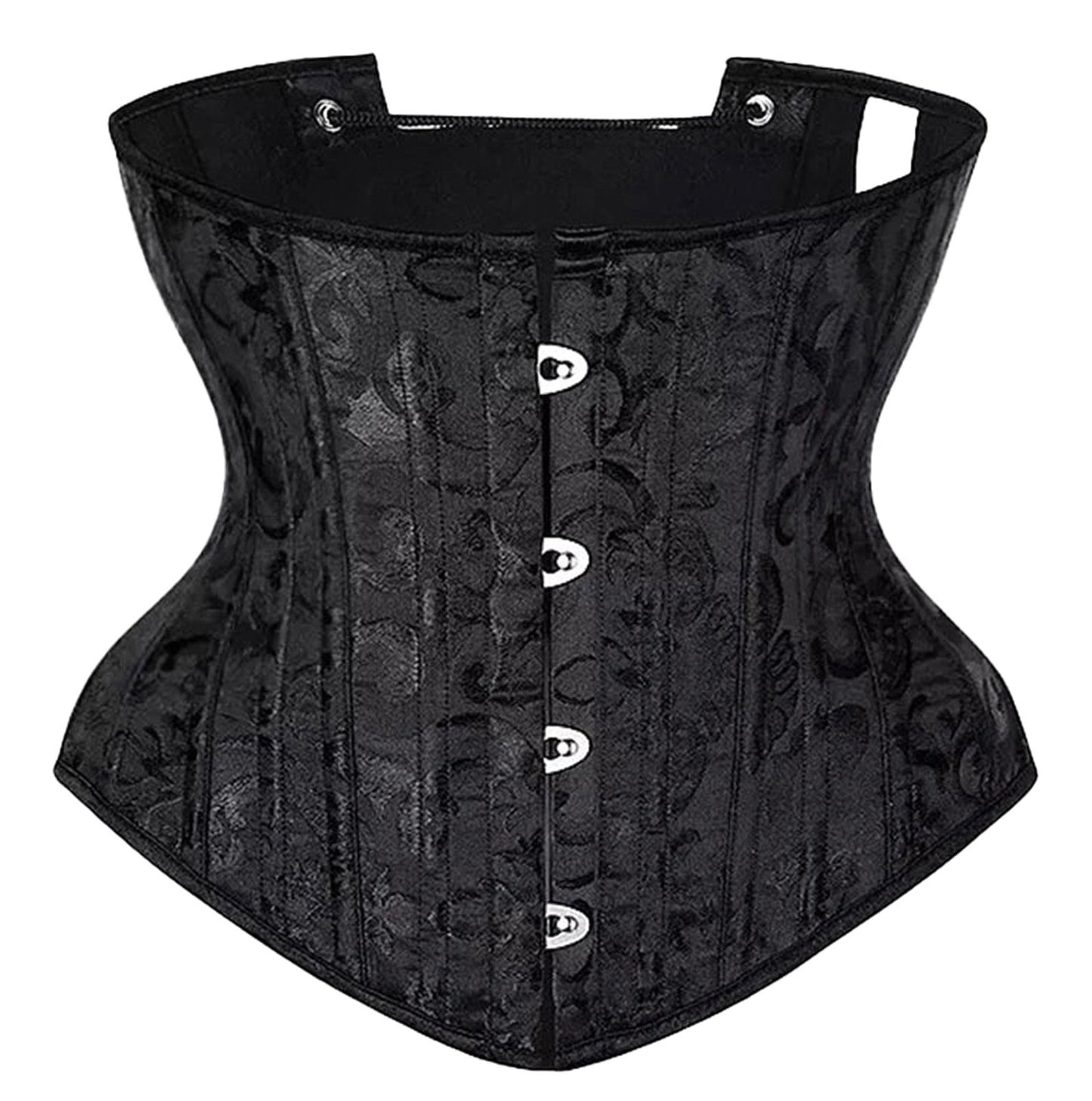 Plus size flower underbust corset in black with elegant floral design and front busk closure