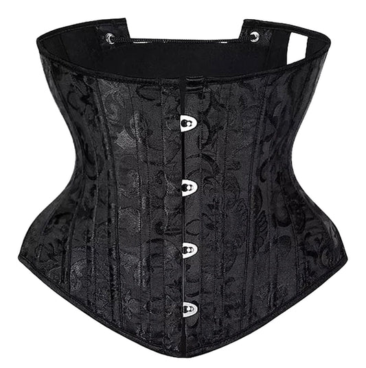 Plus size flower underbust corset in black with elegant floral design and front busk closure