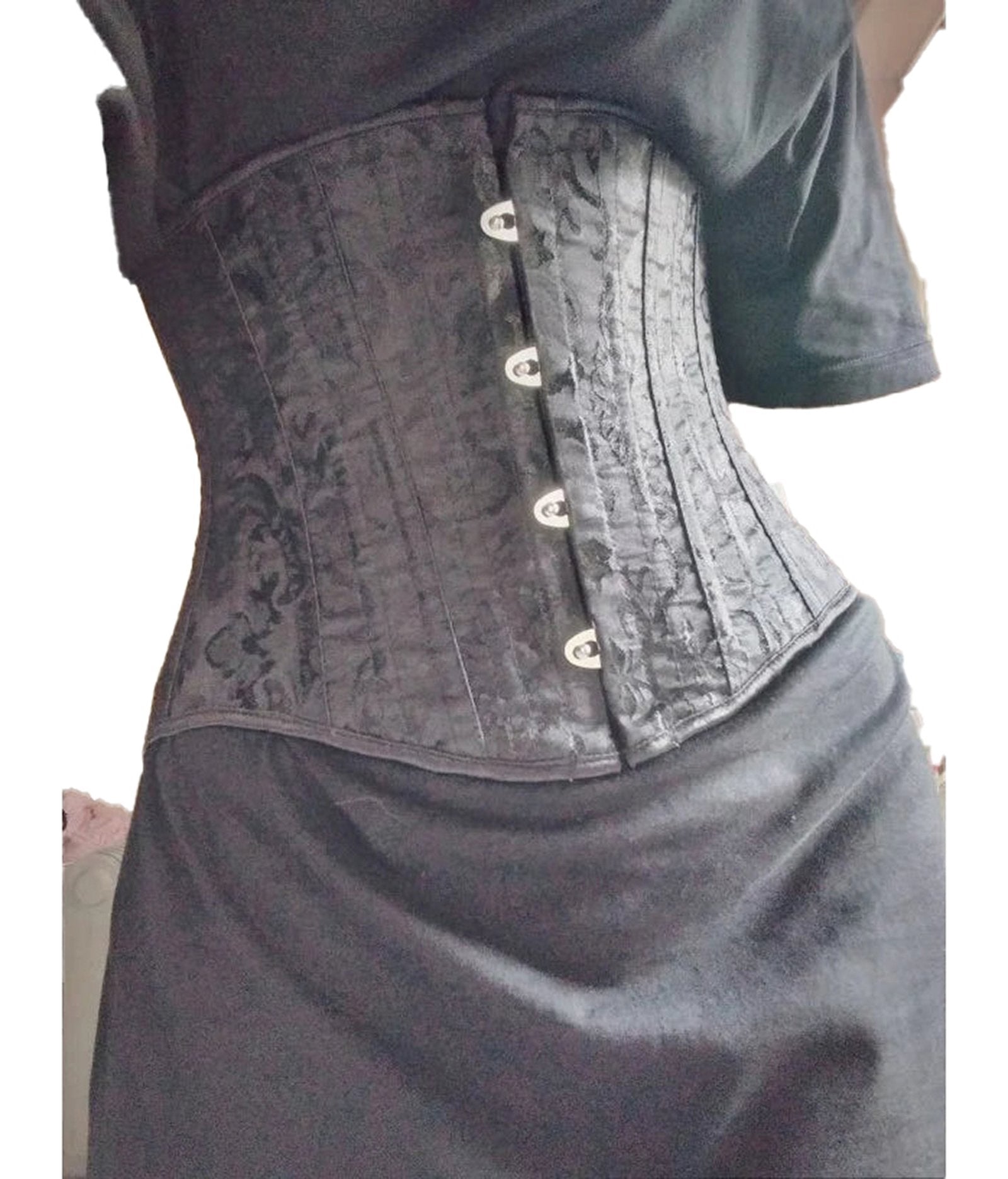 Plus size flower underbust corset in black with intricate detailing and adjustable front closure