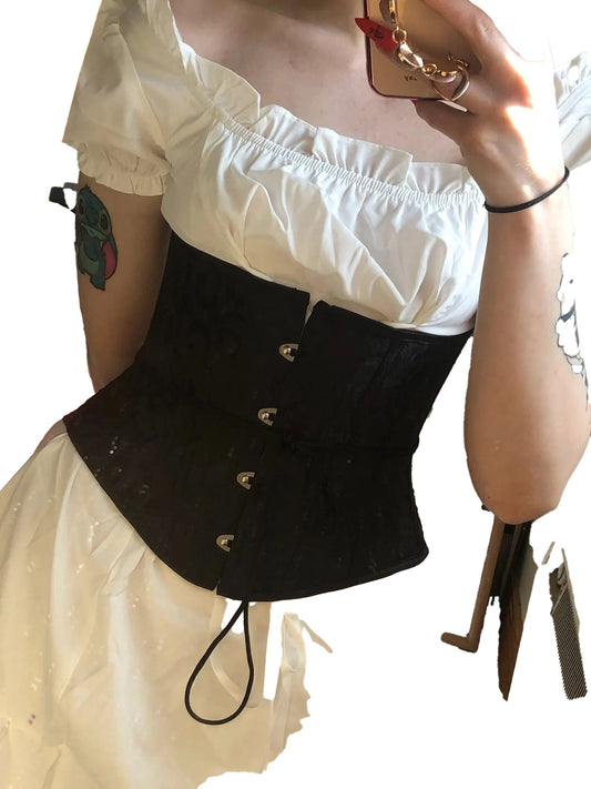 Plus size flower underbust corset in black with hook closures for stylish waist shaping