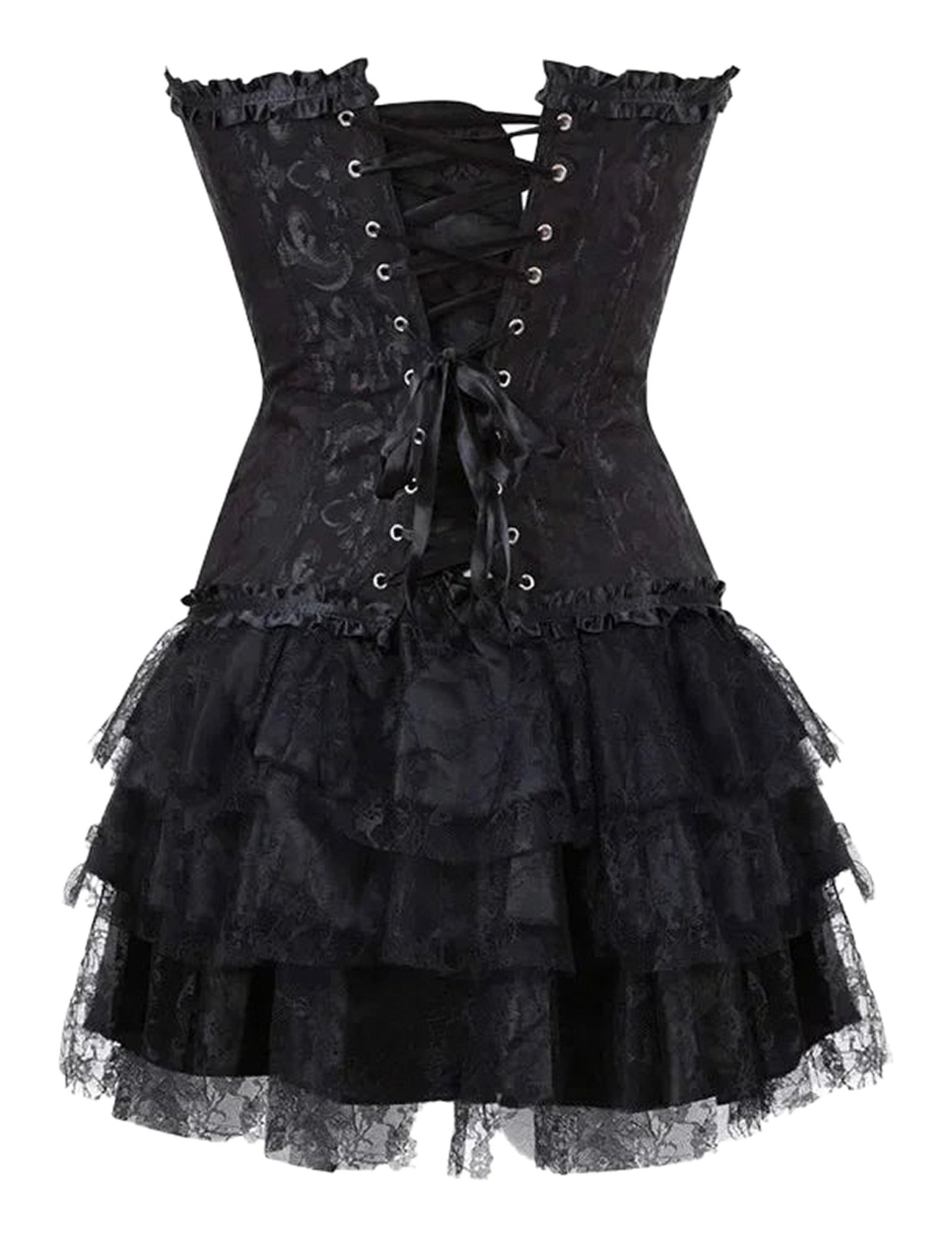 Plus size gothic corset dress by LuckeLadybug LLC with lace details and layered ruffles