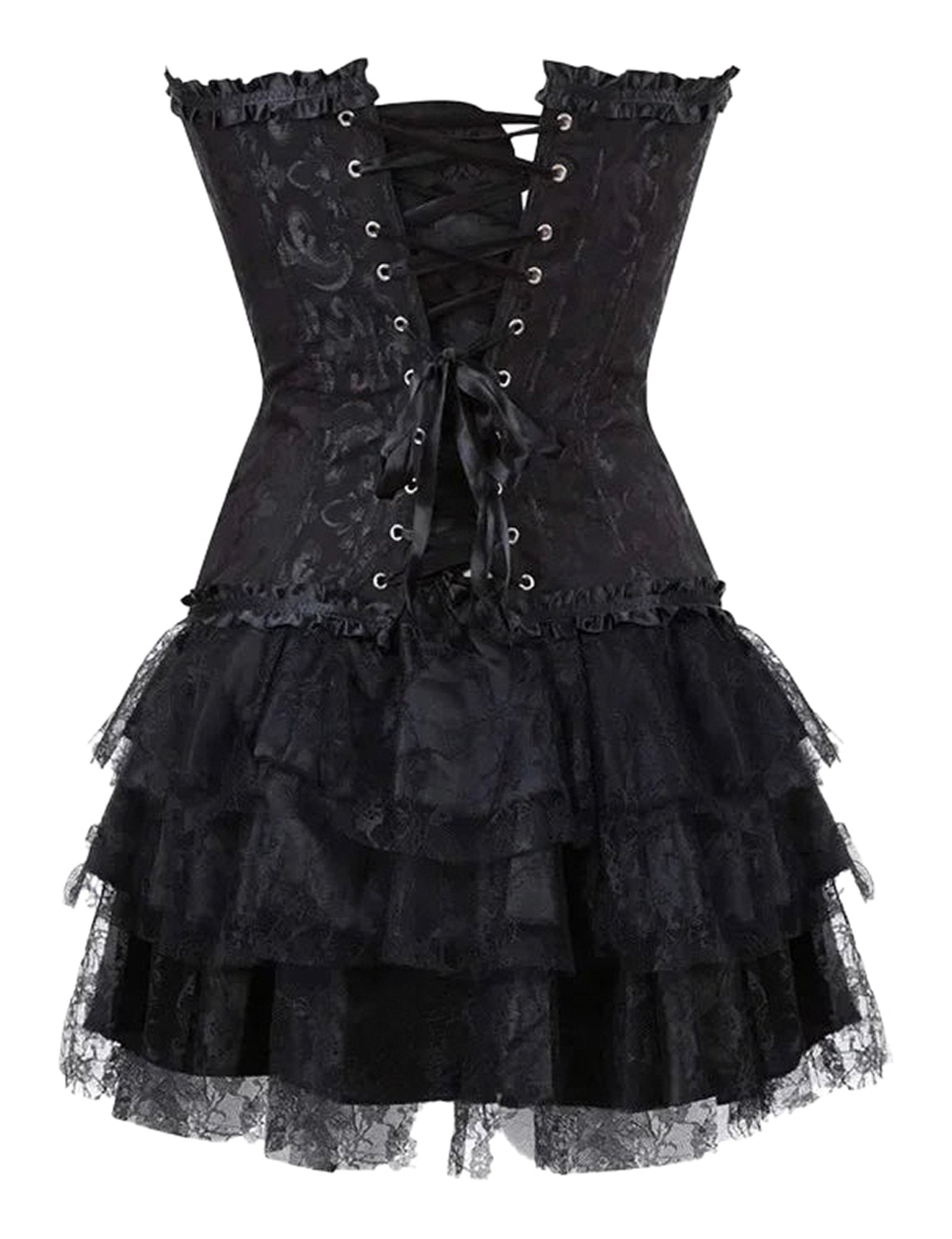 Plus size gothic corset dress by LuckeLadybug LLC with lace details and layered ruffles
