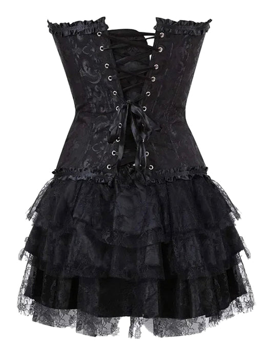 Plus size gothic corset dress by LuckeLadybug LLC with lace details and layered ruffles