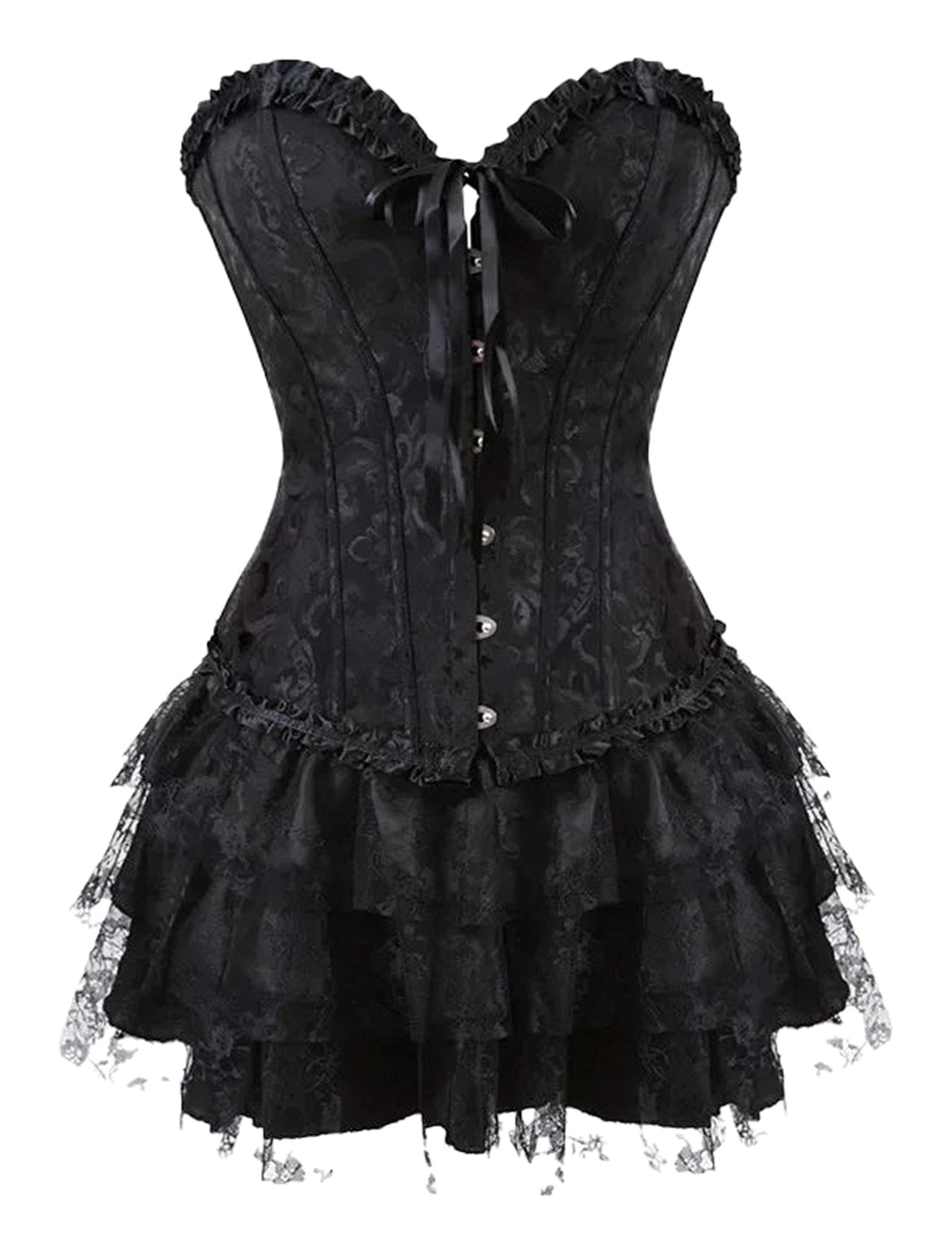 Black plus size gothic corset dress with lace ruffles and sweetheart neckline for a dramatic look