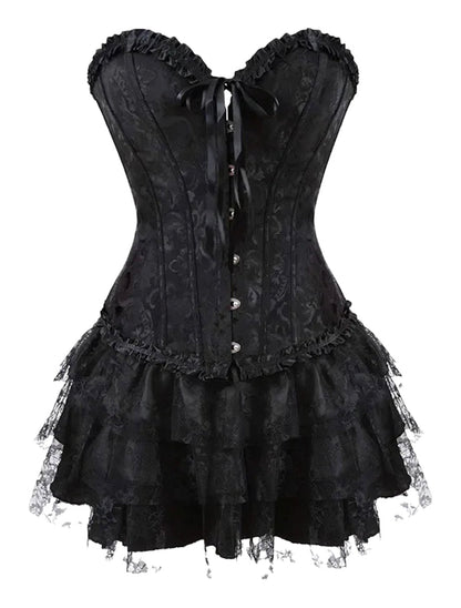 Black plus size gothic corset dress with lace ruffles and sweetheart neckline for a dramatic look