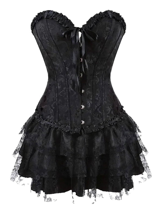 Black plus size gothic corset dress with lace ruffles and sweetheart neckline for a dramatic look