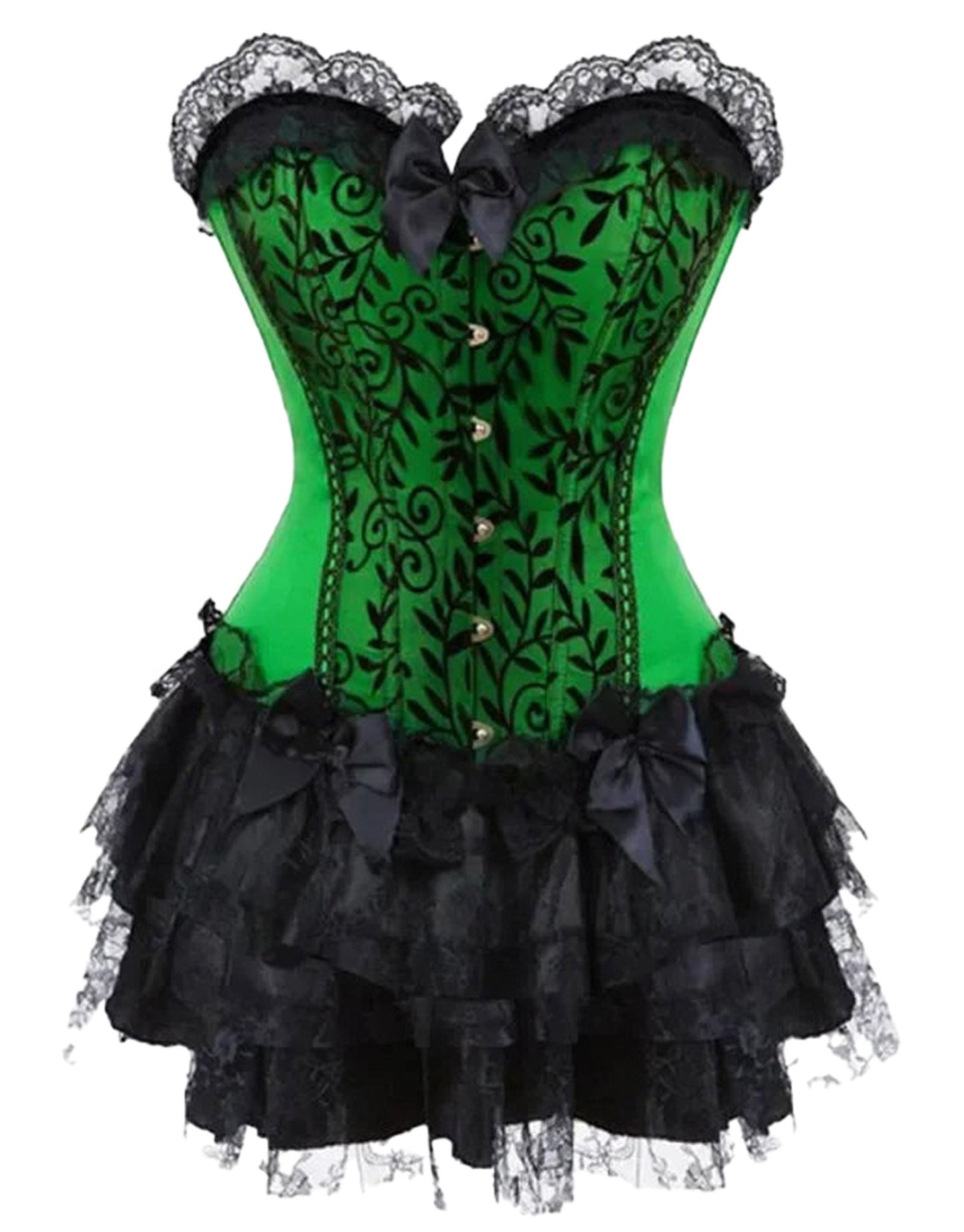 Plus size gothic corset dress in green with black lace ruffles and floral designs for a stylish look