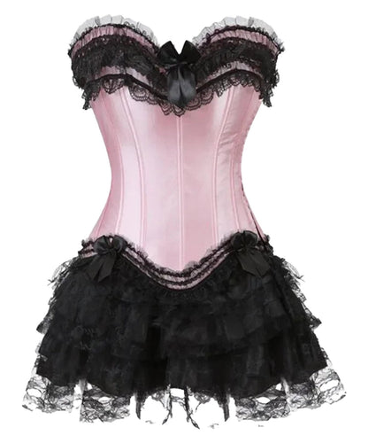 Plus size gothic corset dress in pink and black lace with ruffles and bows for stylish occasions