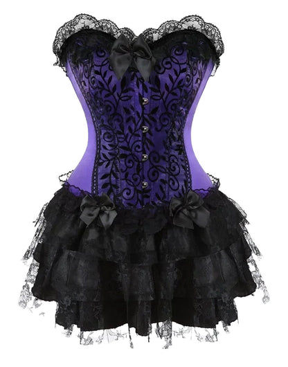 Plus size gothic corset dress in purple and black with lace ruffles and decorative bows
