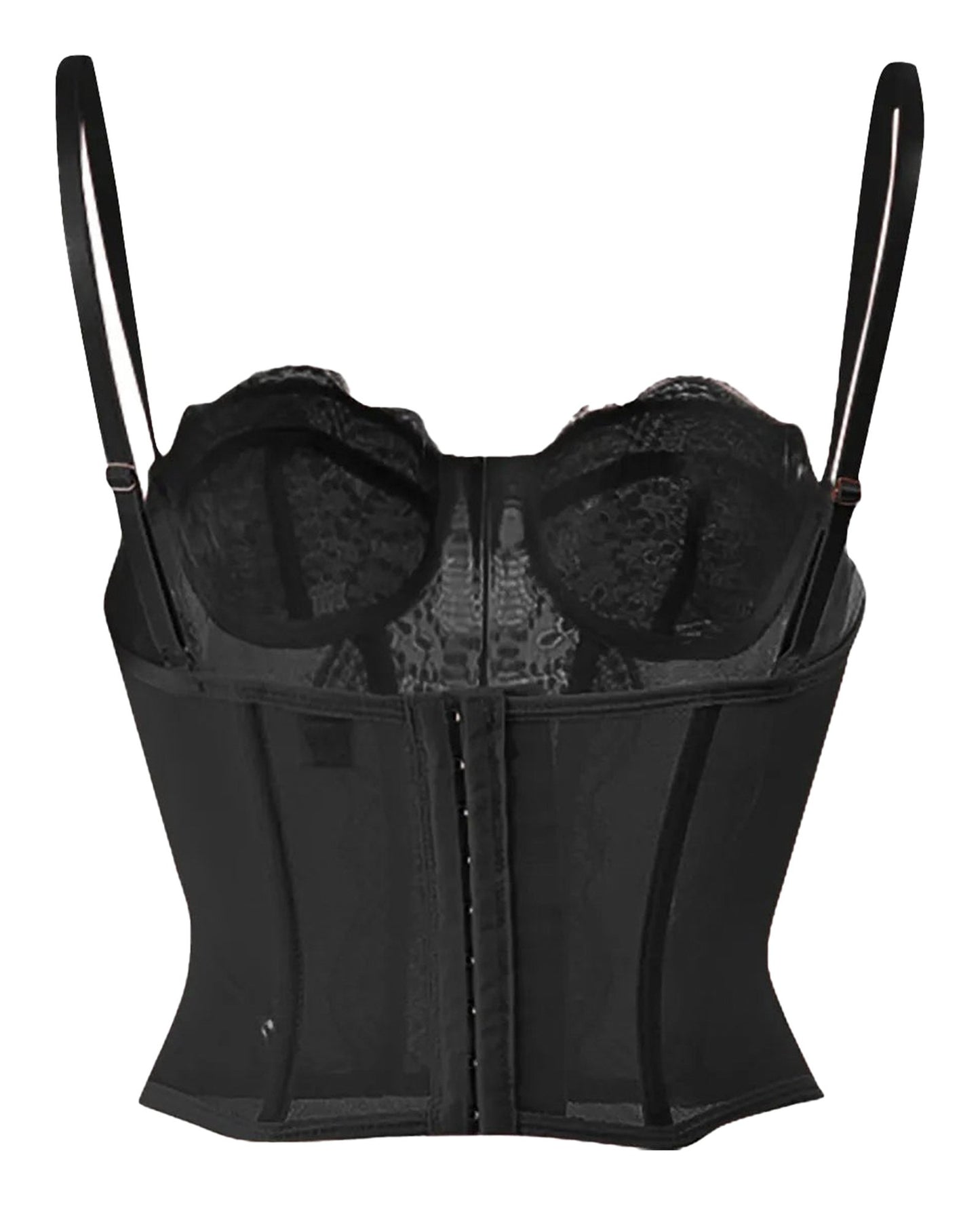 Elegant plus size gothic corset top in black with adjustable straps and lace detailing