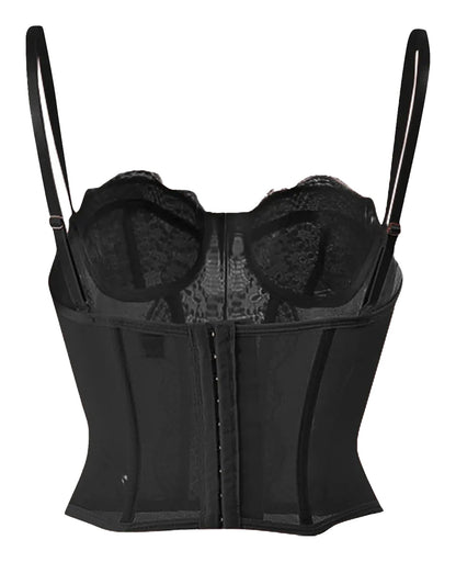 Elegant plus size gothic corset top in black with adjustable straps and lace detailing