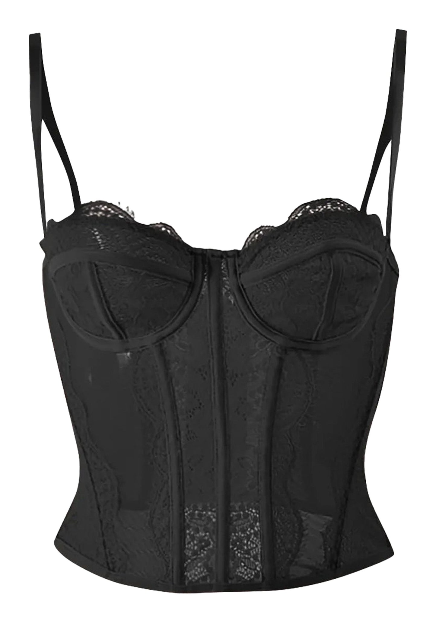 Luxurious black lace plus size gothic corset top with adjustable straps and a flattering fit