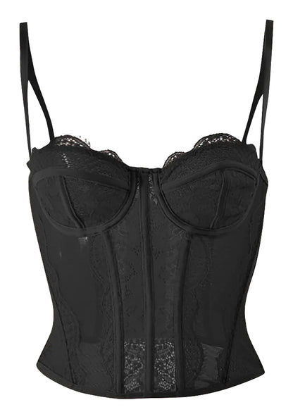 Luxurious black lace plus size gothic corset top with adjustable straps and a flattering fit