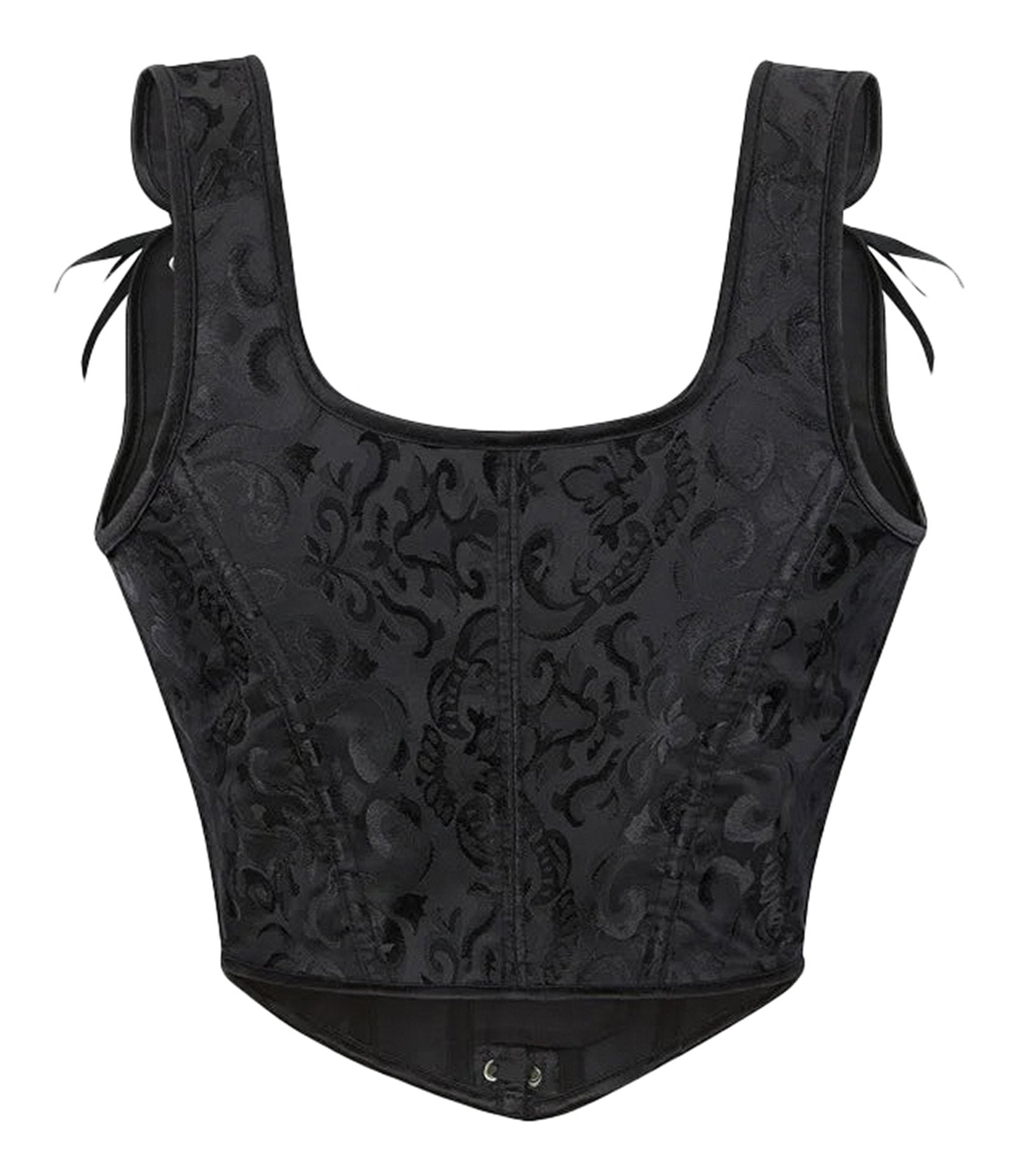 Plus size gothic corset top in black with elegant floral pattern and adjustable ties