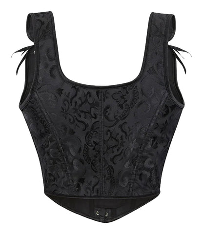 Plus size gothic corset top in black with elegant floral pattern and adjustable ties