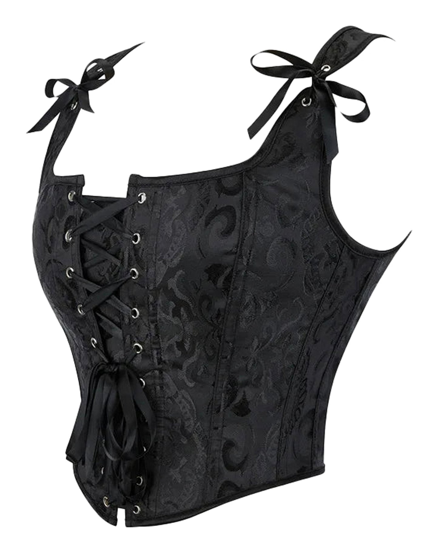 Plus size gothic corset top by LuckeLadybug LLC with lace-up front and ribbon accents