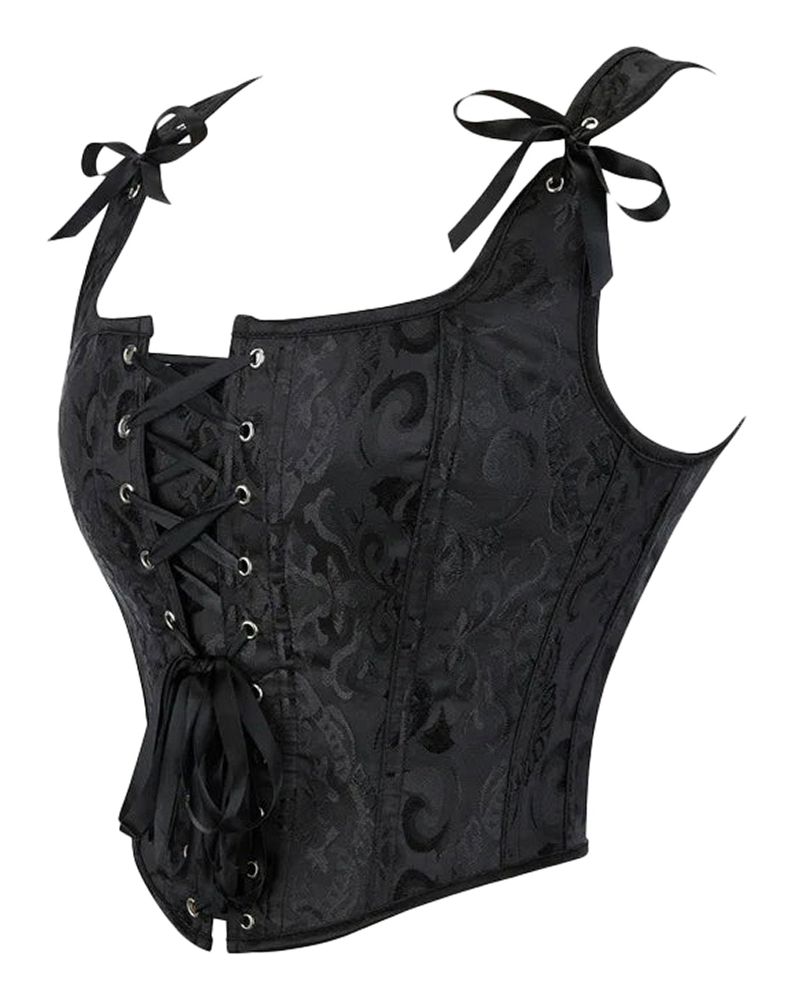 Plus size gothic corset top by LuckeLadybug LLC with lace-up front and ribbon accents