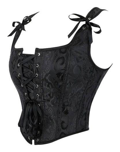 Plus size gothic corset top by LuckeLadybug LLC with lace-up front and ribbon accents