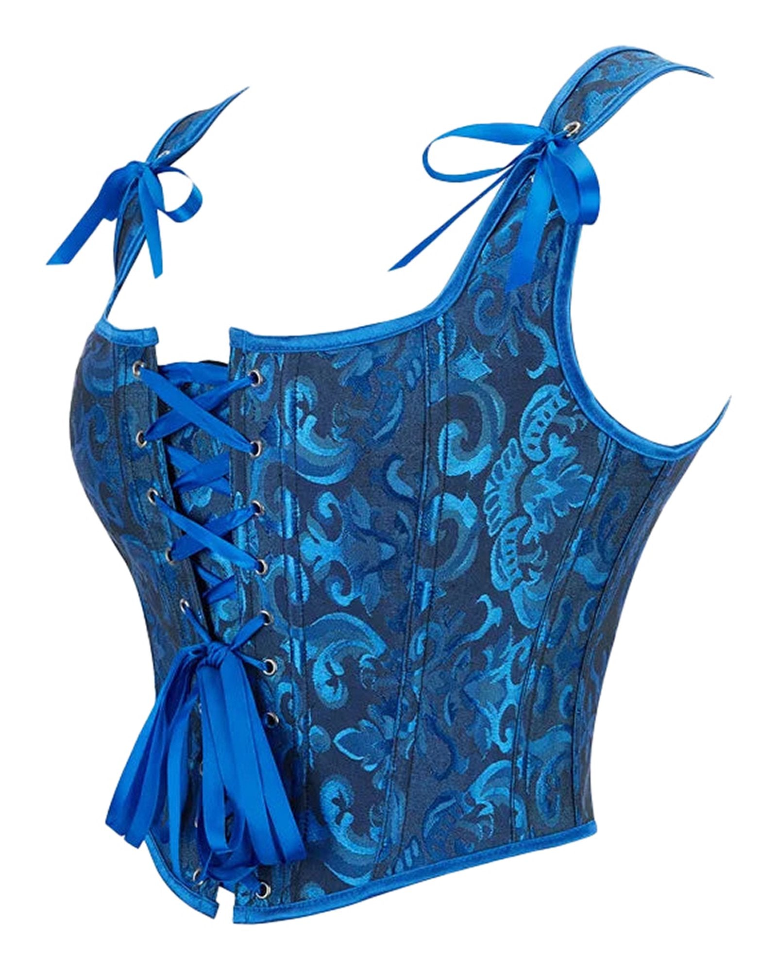 Plus size gothic corset top in blue with elegant patterns and adjustable ribbons for a flattering fit