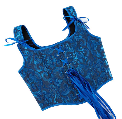 Plus size gothic corset top in blue floral design with adjustable ribbon ties and lace-up front