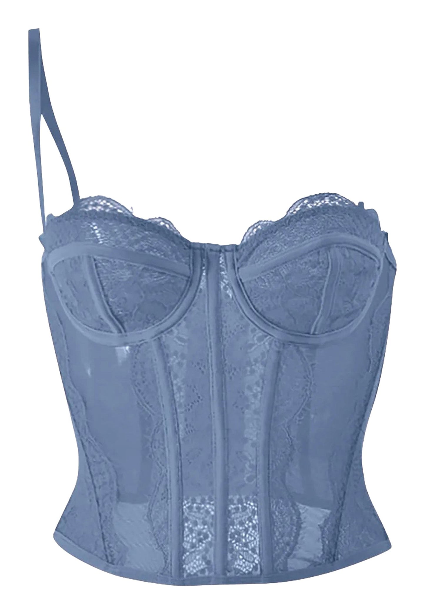 Plus size gothic corset top in blue with lace details and adjustable straps from LuckeLadybug LLC