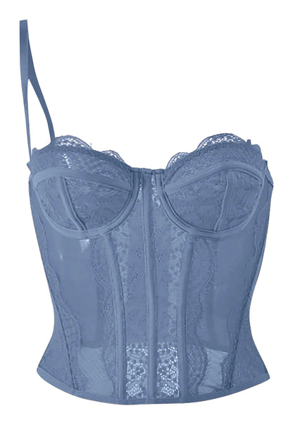 Plus size gothic corset top in blue with lace details and adjustable straps from LuckeLadybug LLC