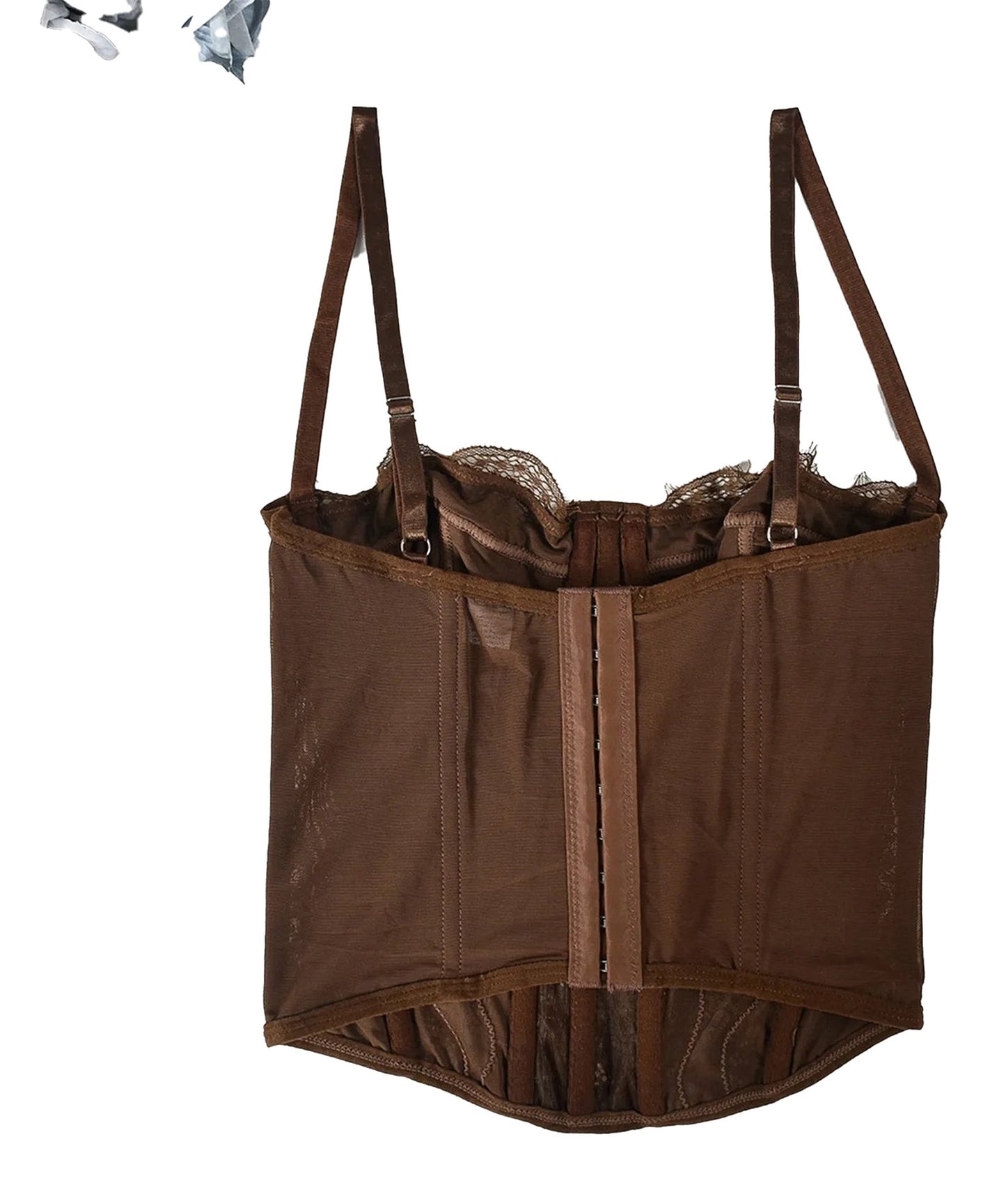 Plus size gothic corset top in brown with adjustable straps and lace detailing for a stylish silhouette