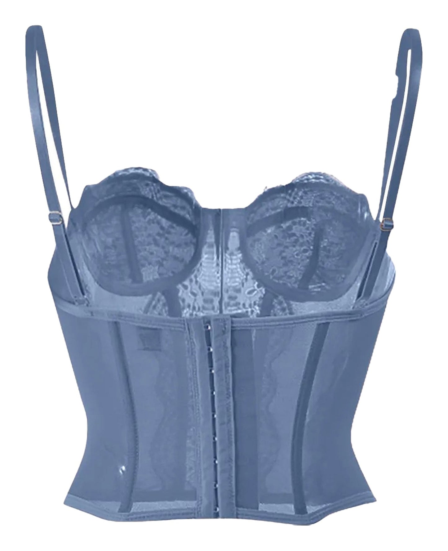 Plus size gothic corset top in blue with adjustable straps and lace details